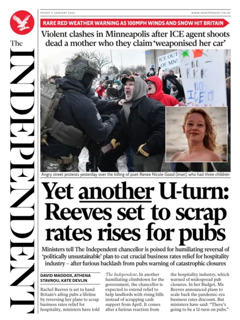 "Yet another U-turn: Reeves set to scrap rates rises for pubs" reads the headline on the front page of the Independent.