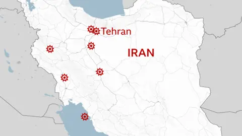 Map showing strikes in Iran