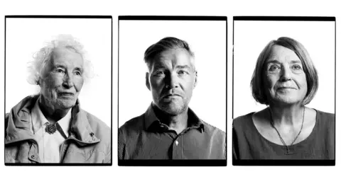 Andy Martin Three black-and-white portraits side by side - an elderly lady with white hair, a middle-aged man with greying hair and a middle-aged lady with dark hair.