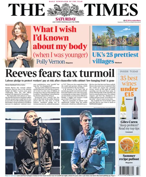 The Times headlines "Reeves fears tax turmoil" 