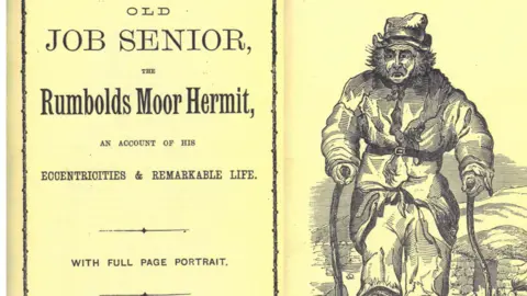 Courtesy of Geoff Bowen A historical pamphlet with a front cover headlining the "Rumbolds Moor Hermit" and his "eccentricities and remarkable life". The accompanying picture is a sketch of a scruffy looking old man with wild hair walking across some moorland with the aid of two makeshift walking sticks
