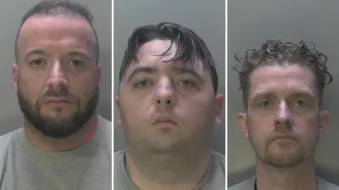 Three mugshots side by side of men wearing grey custody jumpers and frowning.