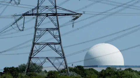 The white dome of Sizewell B nuclear power station with energy pylons in the foreground