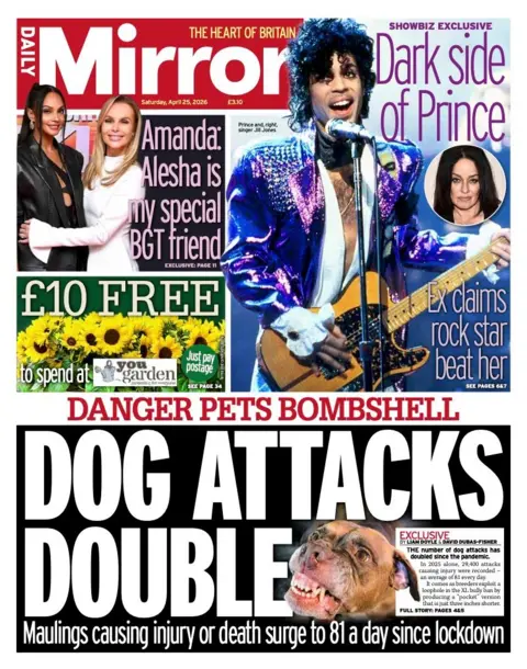 The headline on the front page of the Mirror reads: “Dog attacks double”.