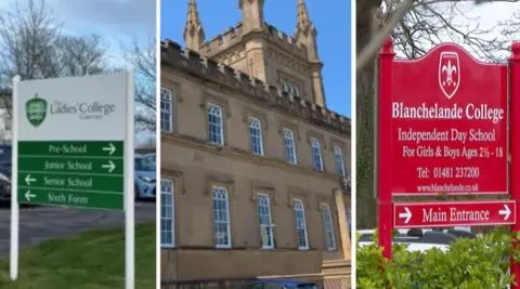 A split picture showing a green sign for Ladies College on the left. In the middle, a picture of the Elizabeth College main building that looks like a castle and on the right a picture of a red sing of Blanchelande College
