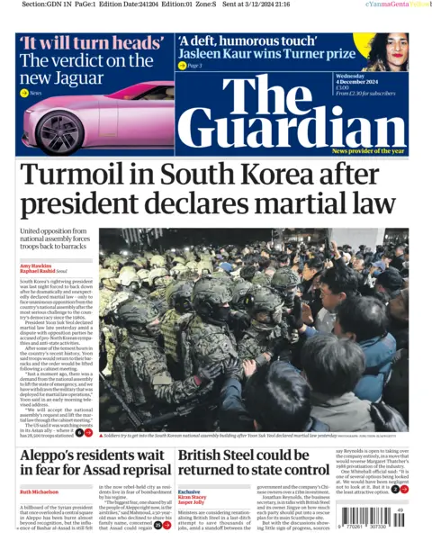 The Guardian front page headline: "Turmoil in South Korea after president declares martial law". The picture shows troops in camouflage combat gear trying to get into the national assembly building, including helmets, body armour and face masks, lined up next to people holding phones. 