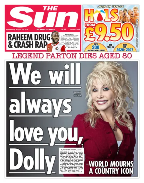 The headline on the front page of the Sun reads: "We will always love you, Dolly."