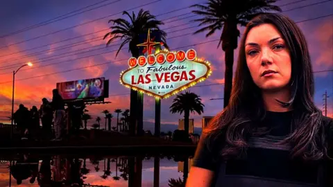 Iconic 'Welcome to Fabulous Las Vegas' sign and city skyline with a woman standing in front and to the right. She is looking into the camera and wearing a black T-shirt
