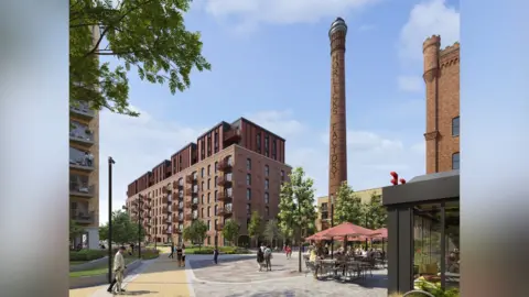 Berkeley Group A second CGI image of the flat development, with the Horlick Factory's large chimney sitting in the centre of the picture.