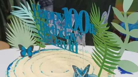 Stratford Butterfly Farm A blue cake with butterflies and a sign that says Happy 100th birthday Sir David