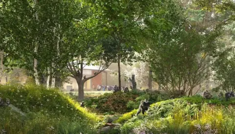 Bristol Zoo, CGI produced by Blackpoi A CGI image of an enclosure at the new Bristol Zoo Project that shows a stream surrounded by plants with gorillas on one side.