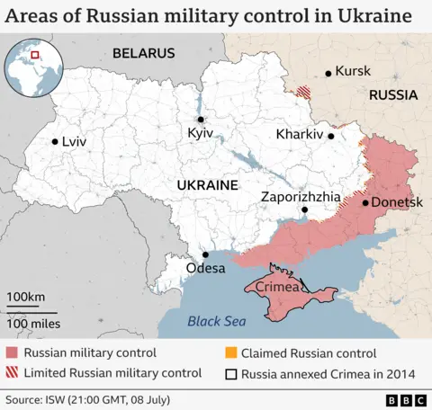 Map showing which areas of Ukraine are under Russian military control or limited Russian control. 
