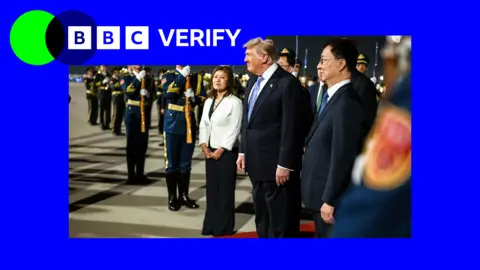 President Donald Trump is welcomed after arriving in Beijing ahead of a landmark state visit in China. There is blue and green BBC Verify branding on the top left.
