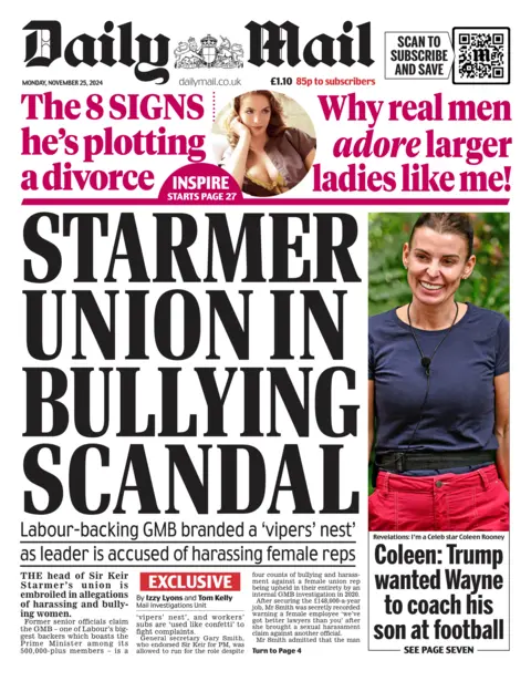 Daily Mail beforehand   leafage   with header  "Starmer successful  national   bullying scandal"