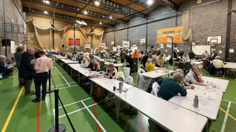 A large sports hall with a green floor. There are tables set out with people sat at them preparing to count ballots. There are others stood around talking to one another. On the wall is an orange banner for a basketball team and there are various drinks bottles on the tables.