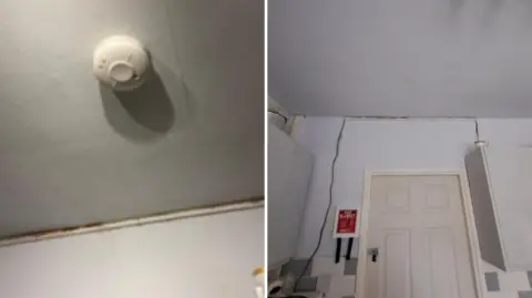 A smoke detector on a ceiling which has been put there using AI - and the actual ceiling without a smoke detector. 