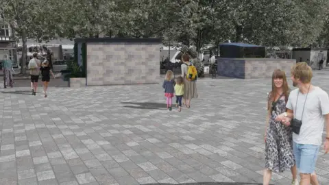 An artist's impression of new toilets in Market Square. The small block is made out of grey brick, similar to the paving on the floor beneath it, and has a flat grey roof. People are walking around the square in the design.