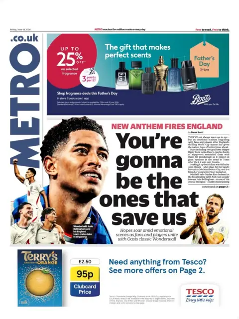 The headline on the front page of the Metro reads: “You're gonna be the ones that save us”.