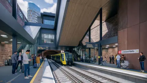 Liverpool City Region Combined Authority Artist's impression of how the new platform will look showing sandstone walls, a train arriving and people waiting.