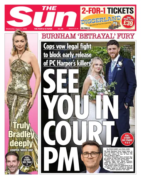 "See you in court, PM" reads the headline on the front page of the Sun.