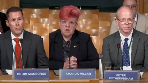 Scottish Parliament Three pictures of two men and a woman answering questions in front of a committee