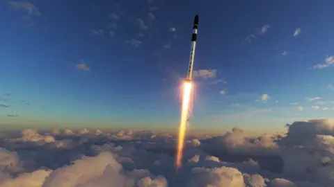 Artist's impression of SaxaVord rocket launch. A rocket emerges beyond the clouds going at high speed. 