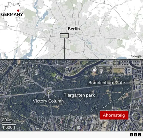 Map graphic showing the location of Lennéstrasse in central Berlin, Germany. An inset map highlights Berlin within Germany. The main map zooms into the city, with a satellite view identifying Tiergarten park, the Victory Column, and the Brandenburg Gate. Ahornsteig is marked in a red label on the south-eastern edge of the park.