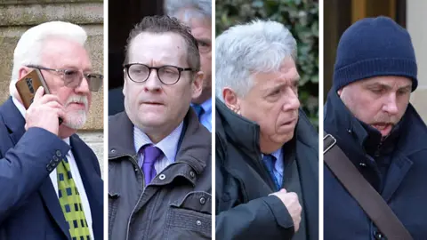 The image shows four men in separate photos outside a stone court building, dressed in dark outdoor clothing, with one wearing glasses, one a knit hat, and one speaking on a mobile phone.