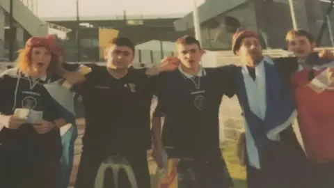 Neil Scully Five Scotland fans outside Stade Geoffroy-Guichard before the Scotland Morocco match at France 98.