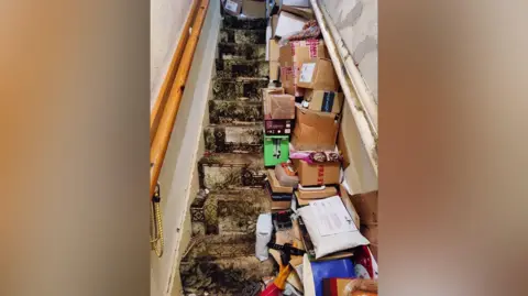 The carpeted stairway of a house. The right-hand side of the stairs is stacked with cardboard boxes and other items.