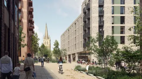 Wakefield Council Artists impression of Wakefield Cathedral looking from Southgate after the demolition of the Ridings shopping centre. Streets have been pedestrianised and a woman cycles through the newly created public space.