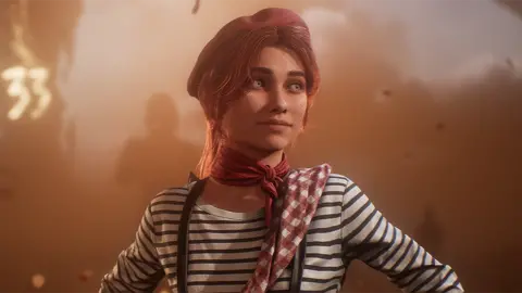 Screenshot from Clair Obscur: Expedition 33 shows Maelle, a young, female character, wearing a red beret and striped white top with her hands on her hips. A haze of smoke illuminated by orange light fills the frame behind her.