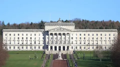 Stormont is a large stone building with stairs leading up to it. It is rectangular shape and has four rows of windows along the front, and a stone turrets at the front. On top of the building is a metal statue. Dotted around the grounds are black lampposts and benches for people to sit on. There is a statue feature in front of the steps to the front door.