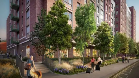 BBC Computer generated image of proposed Reading site plans for 215 new homes