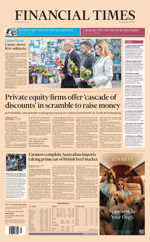 The headline on the front page of the Financial Times reads: "Private equity firms offer 'cascade of discounts' in scramble to raise money".