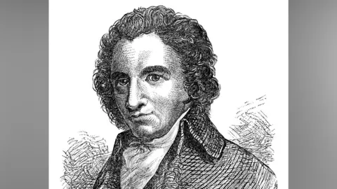 A black and white drawing of an old-fashioned man. 