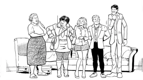 DC Thomson A black and white drawing of The Broons from the 2020s. It features five characters, three women and two men standing in a living room. The characters are dressed smartly with the men wearing suits and ties and the women dressed in skirts and high-heels.