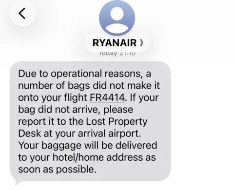 A text message from Ryanair stating a number of bags didn't arrive at the destination due to 'operational reasons'.