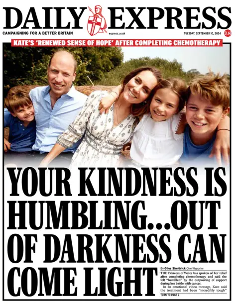 Daily Express front page featuring a photo of the Princess Of Wales and her family and the headline "Your kindness is humbling,... out of darkness can come light"