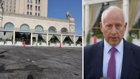 On the left, a picture outside the Blazi Rossi Italian restaurant in Moscow. On the right, Steve Rosenberg.