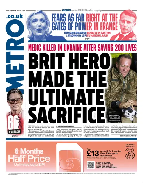 The headline in the Metro reads: "Brit hero made the ultimate sacrifice". 