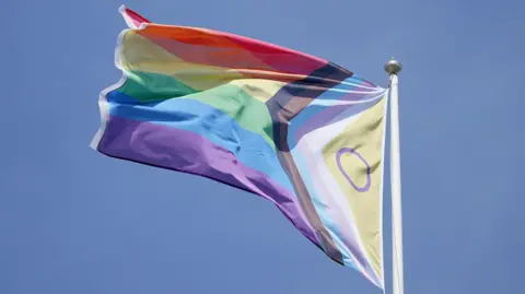 A rainbow-coloured flag with six horizontal stripes and a triangle with additional colours flies on a white white flagpole with blue sky in the background.