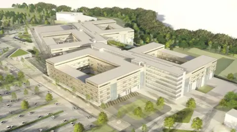 Princess Alexandra Hospital NHS Trust An artist's impression of how the new hospital could look. It is a sprawling building of several floors that is set across a large estate. It is grey and has a large car park in front of it and lots of trees behind