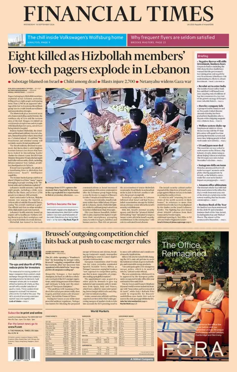 Financial Times headline reads "Eight killed as Hizbollah members' low-tech pagers explode in Lebanon"