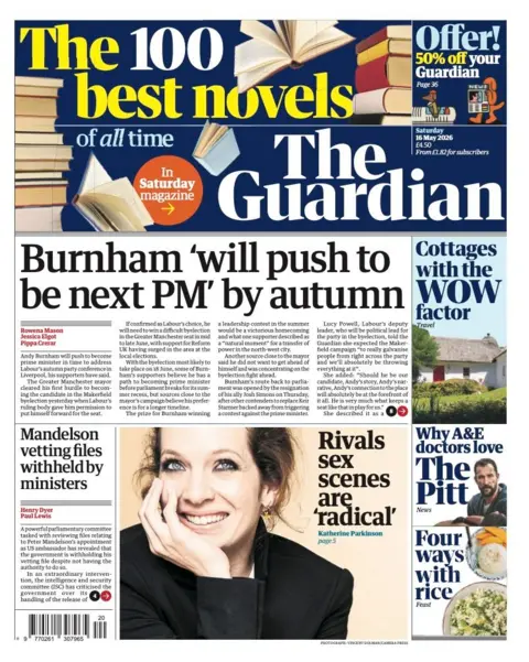 The headline on the front page of the Guardian reads: "Burnham 'will push to be the next PM' by autumn."