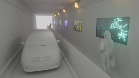 Second Nature Studio An artist impression of Cow Lane with car and pedestrians using it. There is art on its walls.