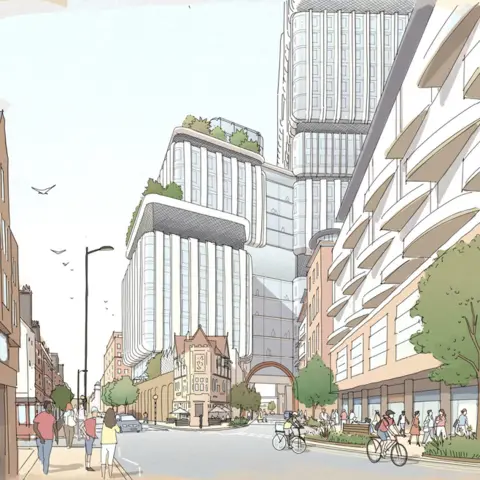 Imperial College Healthcare An artist's impression of how the new site will look. It shows a tall, modern building and two smaller glass-fronted buildings.