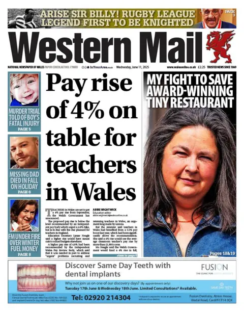 Western Mail Western Mail front page, with the main headline reading "Pay rise of 4% on table for teachers in Wales." There's also a picture of a woman with dark hair, under the headline "My fight to save award-winning tiny restaurant" 