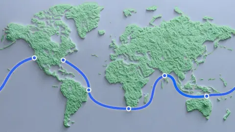 Meta A Meta illustration of Project Waterworth shows a thick blue line connecting points in the US, South America, Africa, India and Australia on a global map.