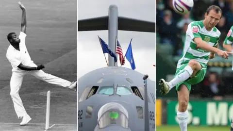 A black and white image of Syd Lawrence bowling in a cricket team, a large grey US military plane and Marcus Stewart kicking a ball during a game.